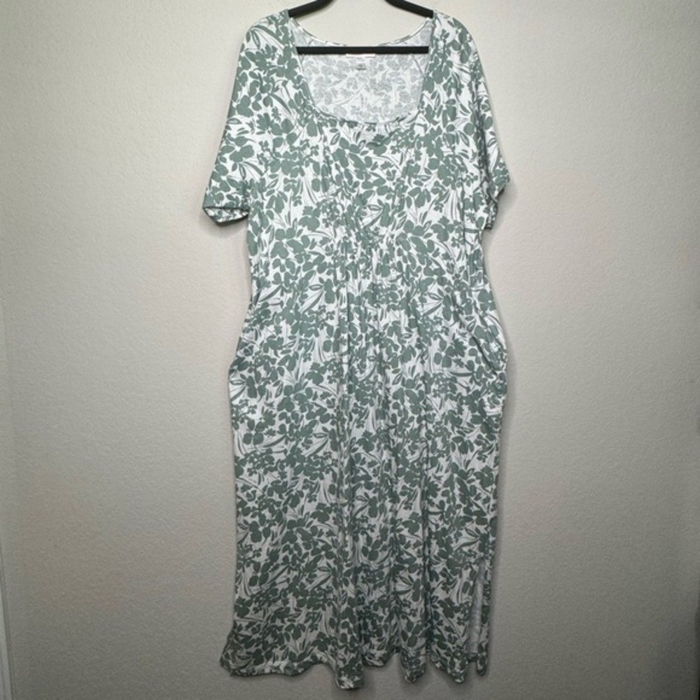 Stan Herman Printed Knit Jersey Square‎ Neck Maxi Dress in Delicate Sage- Sz 1X